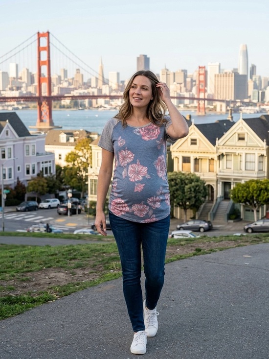 Maternity Boutique Brand Tops - Maternity Floral Baseball Tee Side Ruched Raglan T-Shirt Gray Blue M Medium